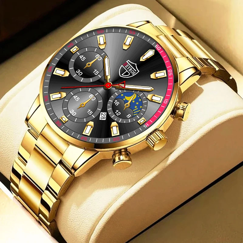 

Branded Men's Watch Luxury Gold Coloured Stainless Steel Quartz Watches 2023 New Fashion Man Business Calendar Clock relogio