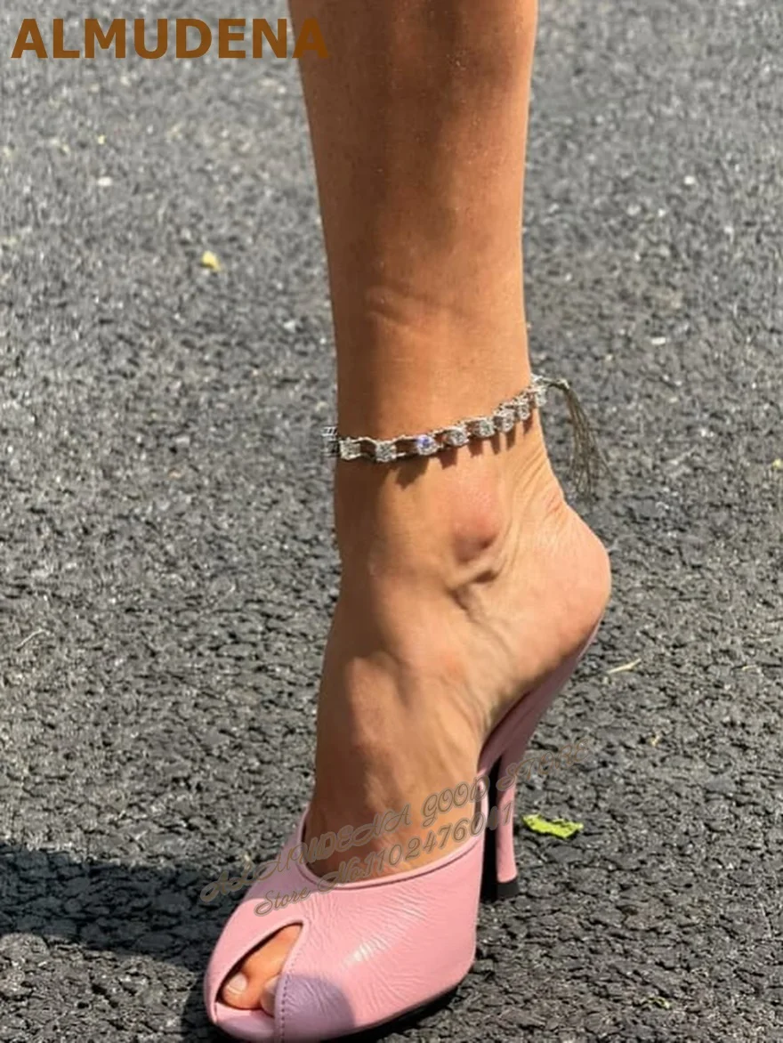 ALMUDENA الوردي ماتي جلدية عالية الكعب البغال الخناجر فم السمكة المفتوحة تو الحديثة Slippeprs خارج الانزلاق على فستان الأحذية #2