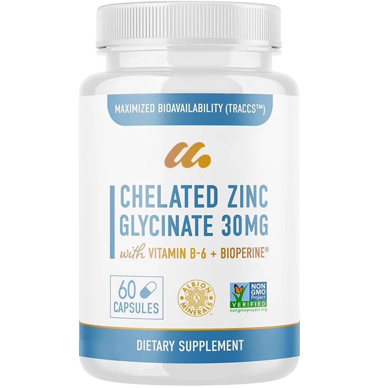 Chelated zinc supplements | Zinc glycinate | Zinc glycinate, vitamin B6, and BioPerine | Non GMO, gluten free -60 capsules