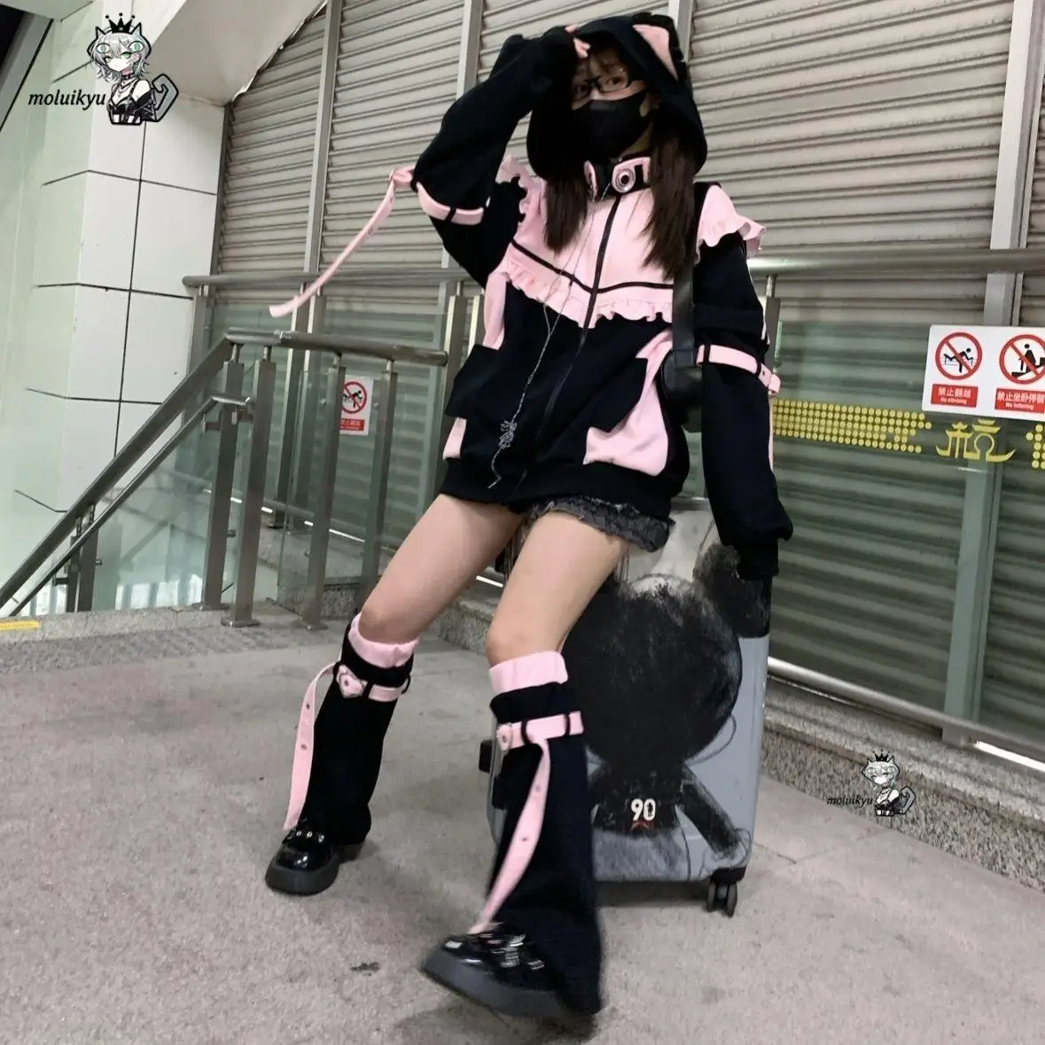 Y2K Kawaii Cat Ear Hoodie Women Pink Black Zip Up Jacket Sweet Ruffle Harajuku Streetwear Belt Girl Aesthetic Gothic Sweatshirt view 4