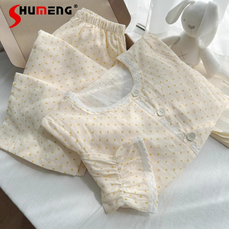 

100% Cotton Homewear Set for Women Sweet Japanese Style Polka Dot Loungewear Female Pure Cotton Spring Autumn Pajamas Suits