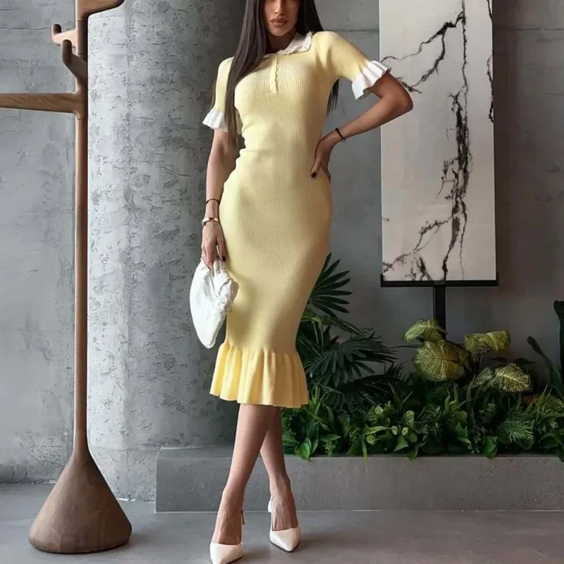 

Ticketsx Knitted Ruffled Long Dress Women's Halter Buttons High Waist Solid Pullover Dress Female Casual Vacation Slim Dresses