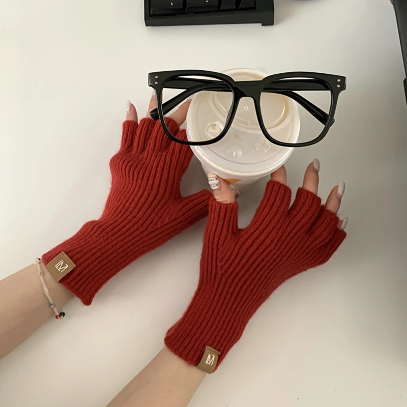 

Solid Color Warm Half Finger Gloves Exposed Finger Writing Typing Cycling Touch Screen Knitted Gloves Autumn And Winter