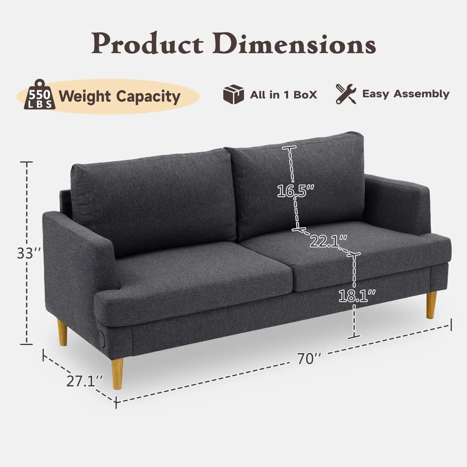 #￥Loveseat Sofa Couch with USB Type C PortsUpholstered Small Couches for BedroomOffice or Apartment Modern 2-Seater Deep Seating