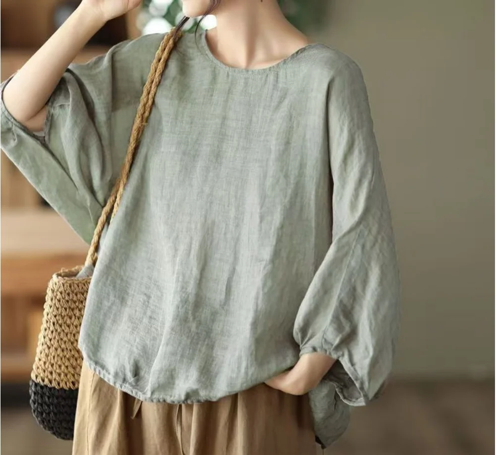 

Retro Linen Women T-Shirt Casual Loose O-Neck Ruffles Long Sleeve Tees Spring Summer Basic Tops Shirts Mujer Camisetas