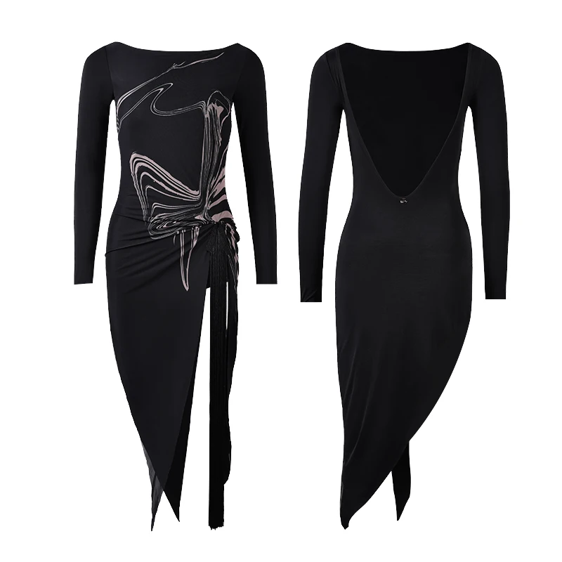 Robe de concours de danse latine pour femmes, manches longues, fente noire, vêtements de danse Sexy, Rumba Tango, nouvelle collection 2025 L17224