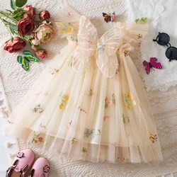 2024 New Baby Girls Floral Dress Butterfly Fairy Tulle Embroidery Princess Dress 1-5Y Kids Dress Cute Baby Birthday Party Dress