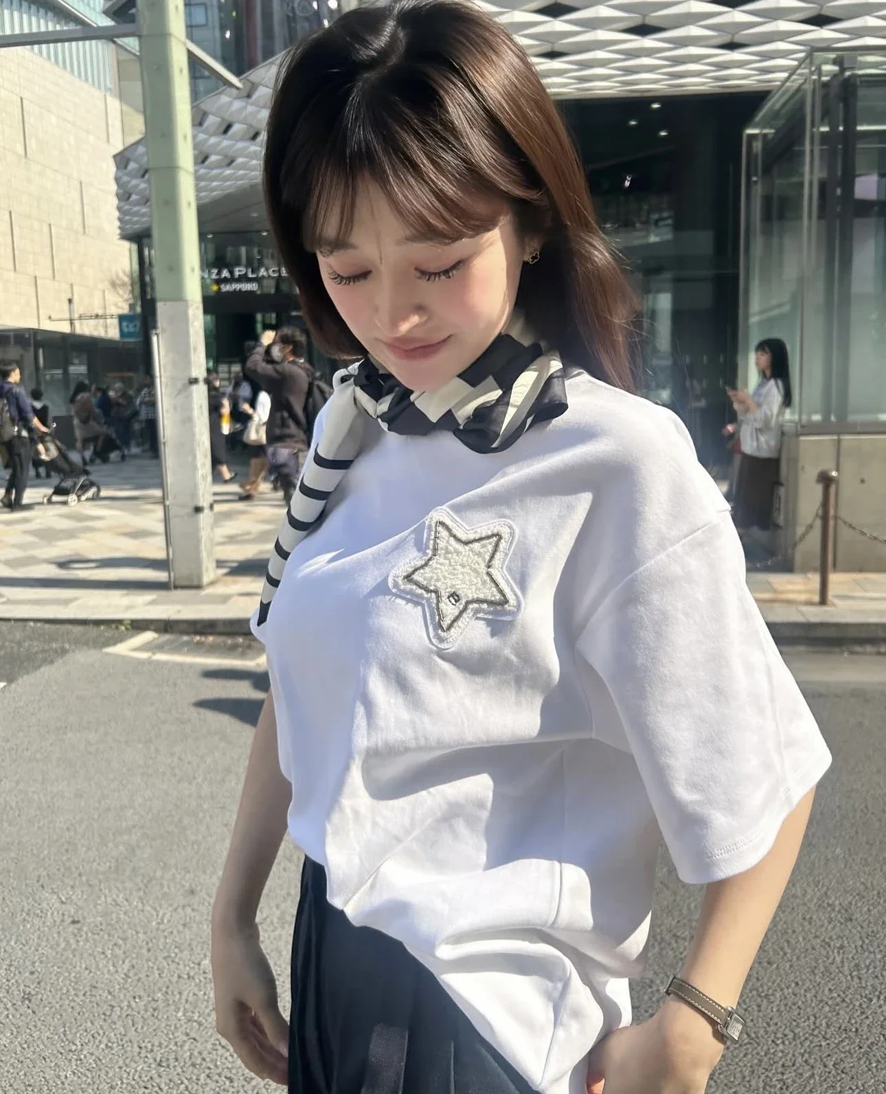 IMU 2026 Summer New Japanese Sweet Casual Black T-shirt for Women Star Patch Letter Embroidery Loose White Basic T-shirt Tops