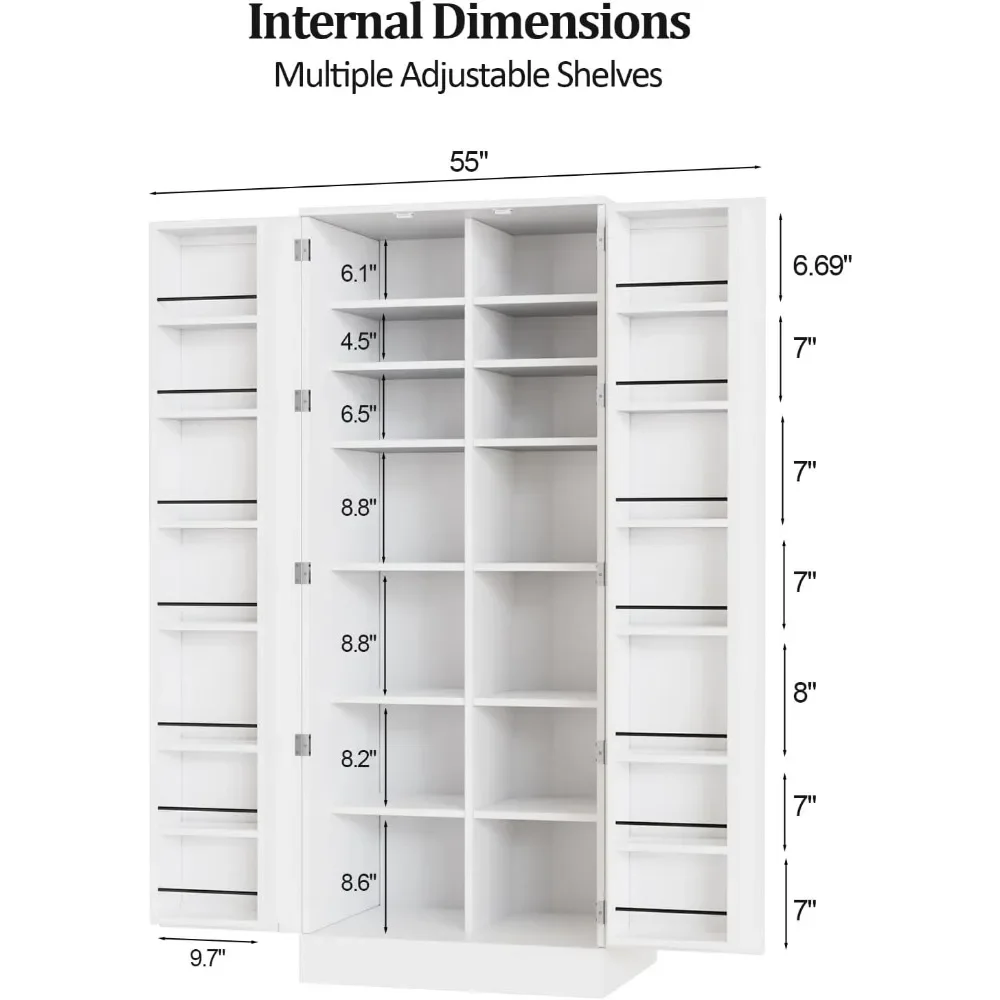 Armario alto de despensa para cocina, alacena de almacenamiento de alimentos, color blanco con 2 puertas y estantes ajustables, 59 "H