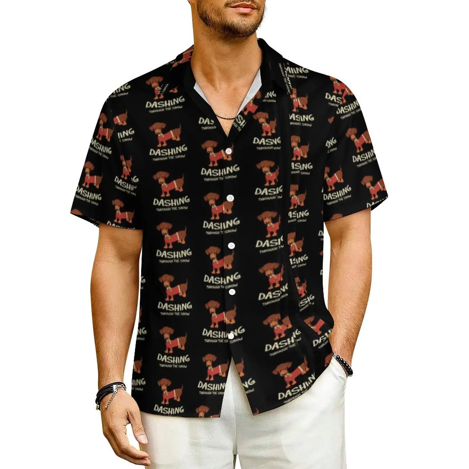 

Snow Dachshund Vacation Shirt Dog Christmas Print Hawaii Casual Shirts Men Cool Blouses Short-Sleeved Harajuku Graphic Top