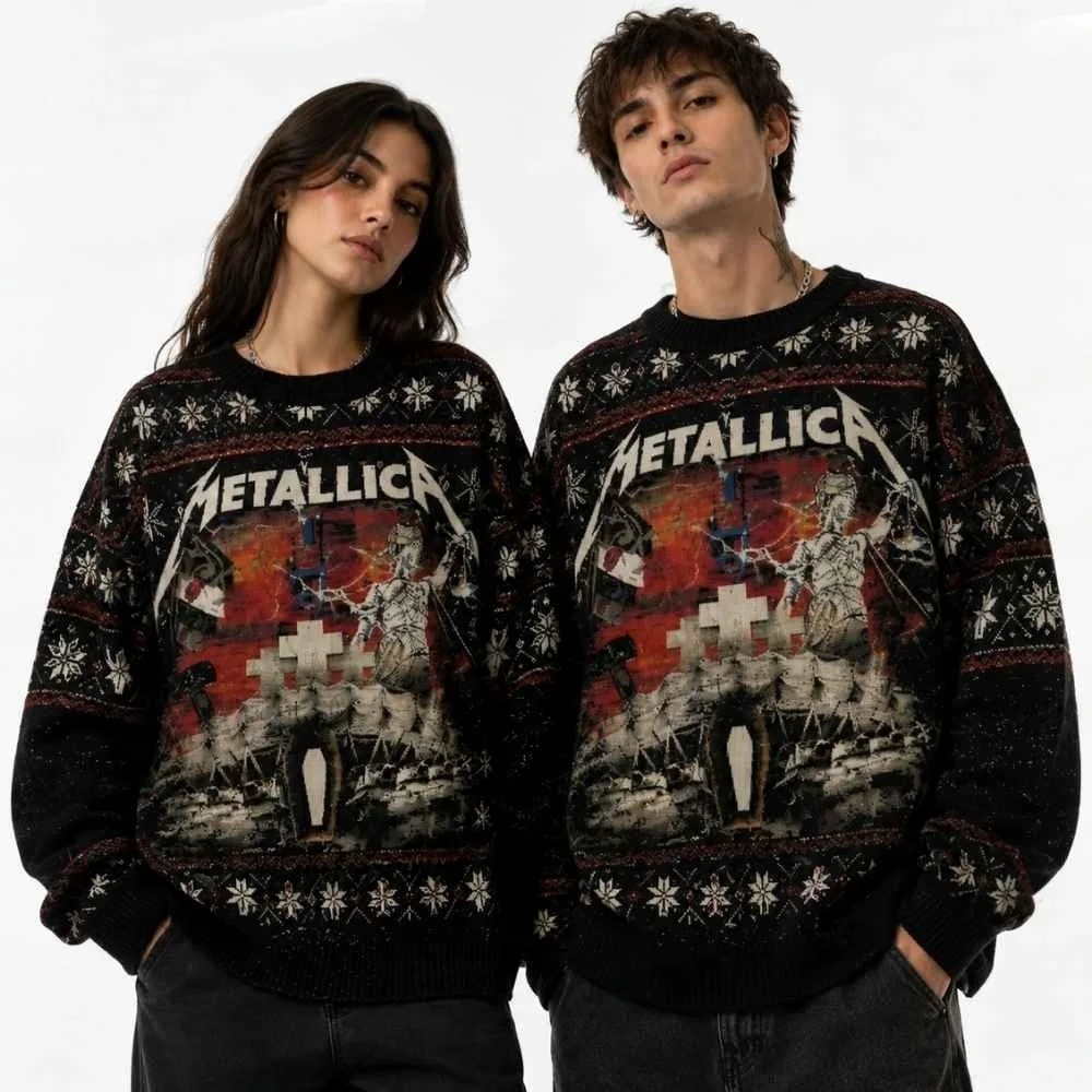 Camiseta de Metallica con diseño de silla eléctrica y rayos, edición navideña 2026, camiseta de estilo peculiar, para otoño/invierno, para hombres y mujeres, sudadera deportiva y abrigada.