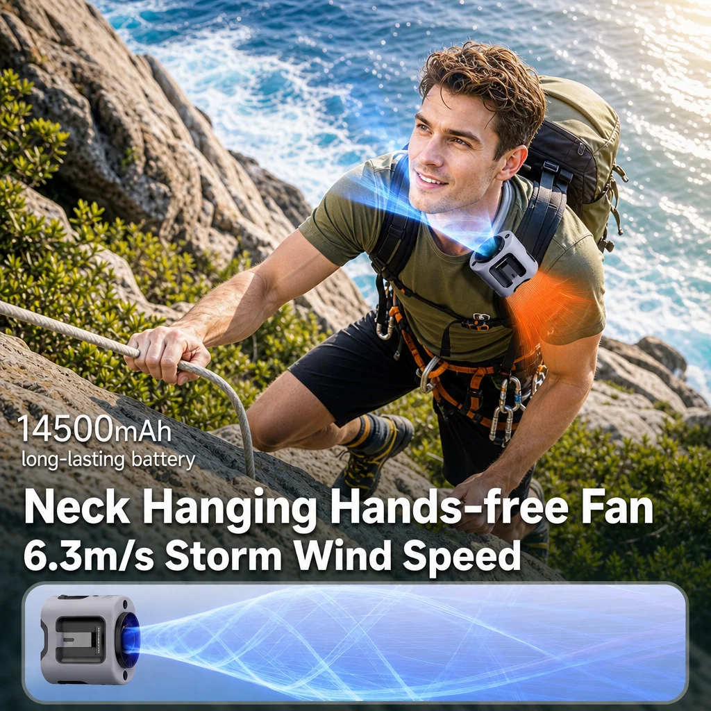 Mini Portable Cooling Fan Rechargeable Waist Hanging Neck 4 Speeds Strong Wind with LED Lighting Digital Display 5000/14500mAh