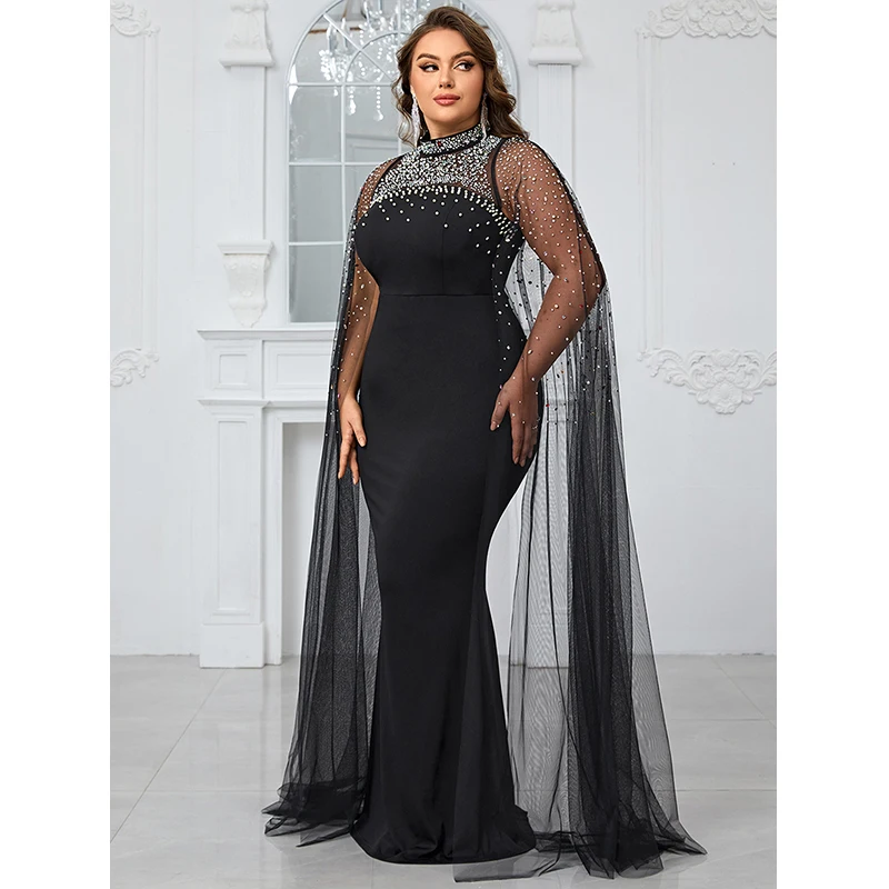 Elegant Ladies Dress Women Black Mesh Beading Formal Occasion Cocktail Prom Gown Evening Party Long Maxi Dresses 4XL