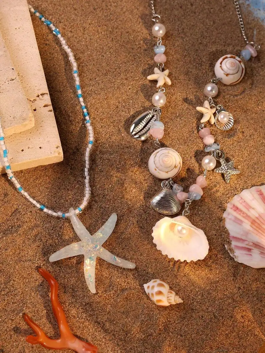 

3pcs Set Starfish And Seashell Pendant Beaded Necklace Beach Ocean Style Women Jewelry