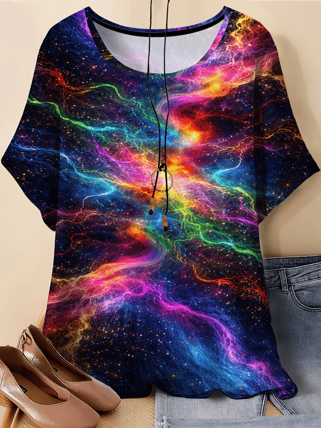 Women Loose Short Sleeve T‑Shirt Colorful Rainbow Galaxy Nebula Space All‑Over Print Crew Neck Casual Summer Tops
