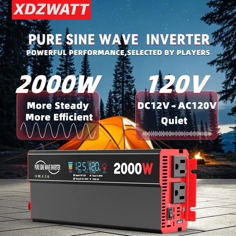 500W/800W Pure Sine Wave Power Inverter 12V DC to 110V 120V 1500W/2000W Peak AC Car Converter for Vehicles LED Screen Display, 2 AC Outlets, 36W USB-C Charging Port, Car Plug Adapter for RV,Truck, Home, Camping, Laptop, Trip