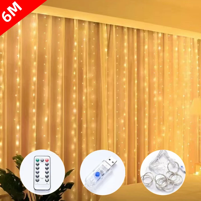 6M /3M Christmas Decoration 2025 New Year Wedding Decoration Garland Curtain Lights 8 Modes LED Curtain Fairy Lights with Remote