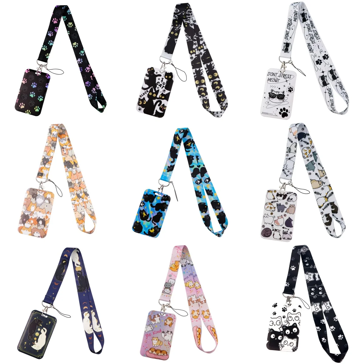 Black Cat Card Holder Lanyard Cartoon Animals Neck Strap Credit Card Case ID Badge Holders Credentials Protection Card Cover