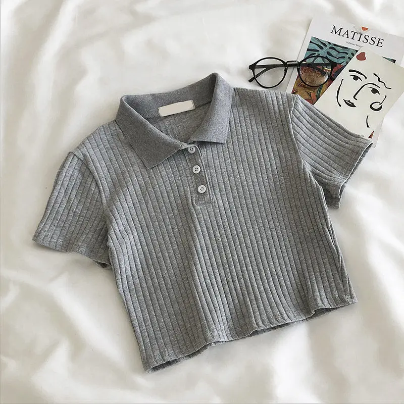 Women Knit School Polo Neck Cropped Shirt Summer Short Sleeve Youthful Solid Color Crop Top Female Basic Blouse Lady Pullover