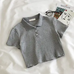 Camisa de malha com pescoço polo para mulheres, manga curta, top jovem de cor sólida, blusa básica feminina, pulôver senhora, verão 10 principais vendas blusa de escola - №6