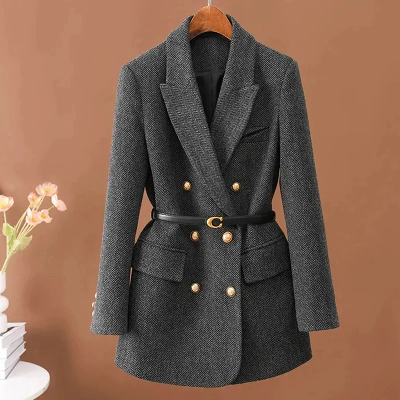 Women's Autumn Winter Long Sleeve Suit Jacket High Grade Woolen Double Breasted Elegant Fashionable Midi Length Polyester Fiber