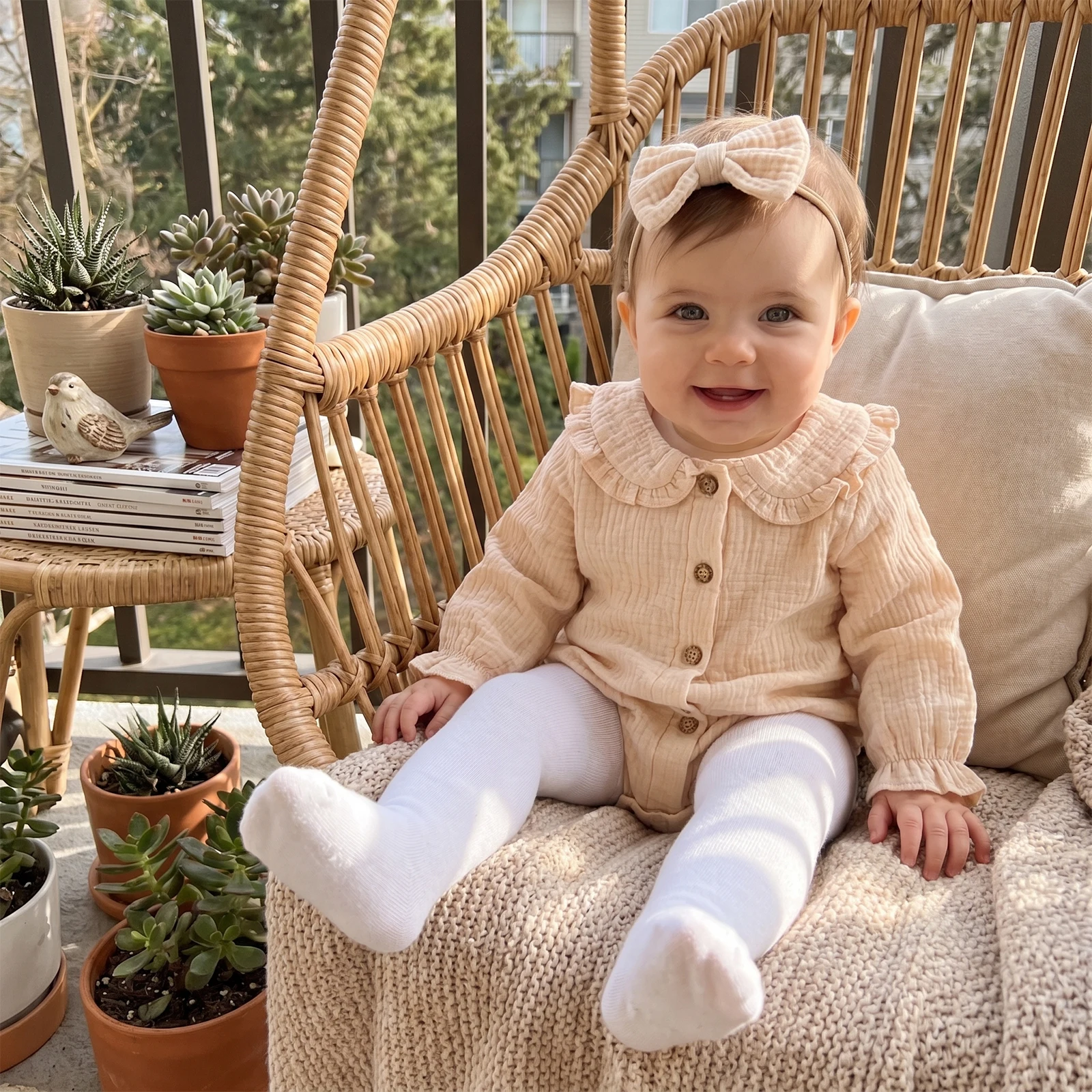 Baby Girl Autumn Romper Button Front Doll Collar Long Sleeve Solid Color Bodysuits Playsuit with Headband