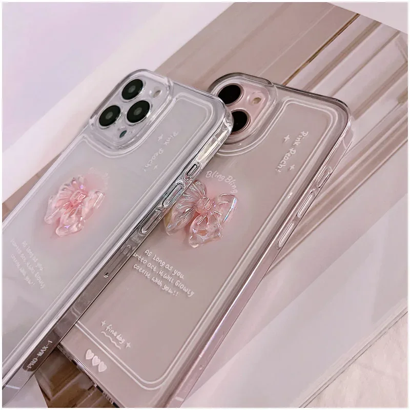 Korean 3D Crystal Bow Clear Phone Case for iPhone 16 15 14 Pro Max 13 12 11 Pro Mini X XR XS Max 7 8 16 Plus SE 2022 Soft Cover
