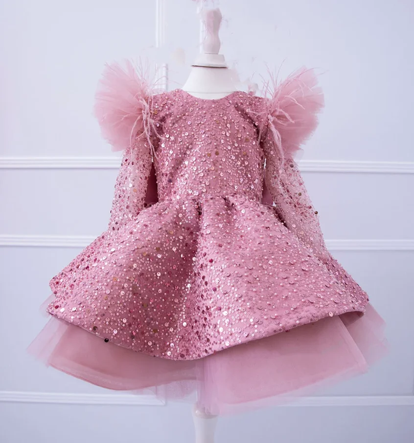 

Pink Puffy Baby Girls Dress with Sequined Kids Birthday Gown Flower Girl Dress Little Princess Tutu Gown Vestidos Baptism Dress