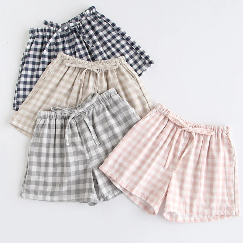 Fashion High Waist Casual Beach Home Loose Wide Leg Plaid Shorts For Women