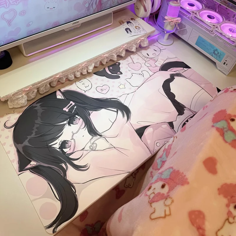 لوحة ماوس للفتيات اللطيفة من الرسوم المتحركة اليابانية Kawaii - زي تلميذة وردي ساكورا - سجادة مكتب ألعاب كبيرة جدًا مقاس 36 × 18 بوصة للكمبيوتر الشخصي وأجهزة Mac
