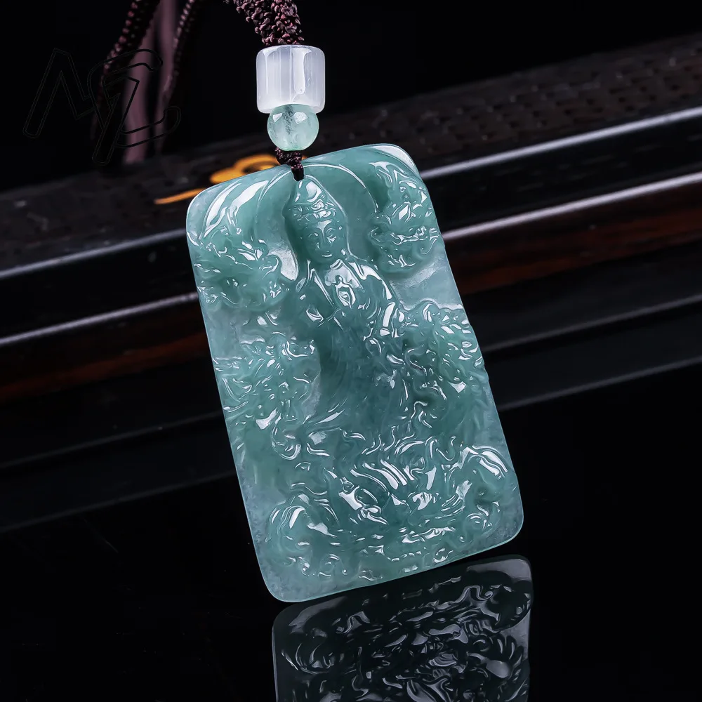 Natural Emerald Blue Water The Divine Dragon Guanyin Pendant Jadeite Amulets Designer Fashion Charm Jewelry Gifts for Men Women