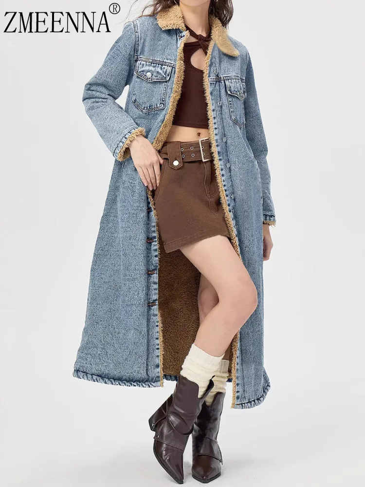 

ZMEENNA Women's Long Denim Coat Shearling Lined Faux Fur Collar Warm Winter Jacket Button Down Jean Outwear Fashion ZM3248