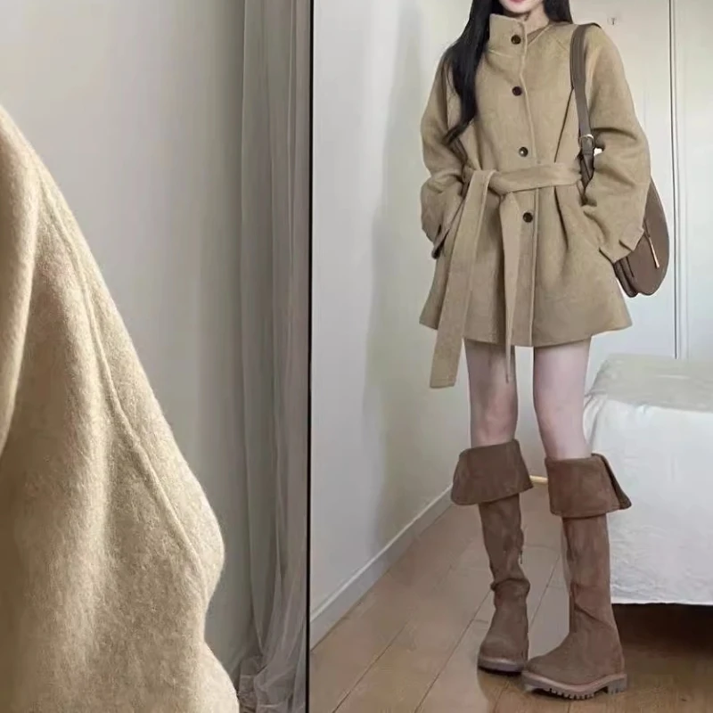 

Khaki Woolen Coat for Women, New Autumn and Winter Style, Tie-up, Petite, Mid-length Wool Coat.