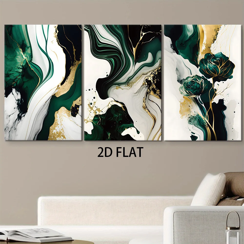(No frame)2D Flat, 3pcs Modern Abstract Frameless Canvas - Emerald Green Golden Foil Marble Texture Paintings, Suitable for L