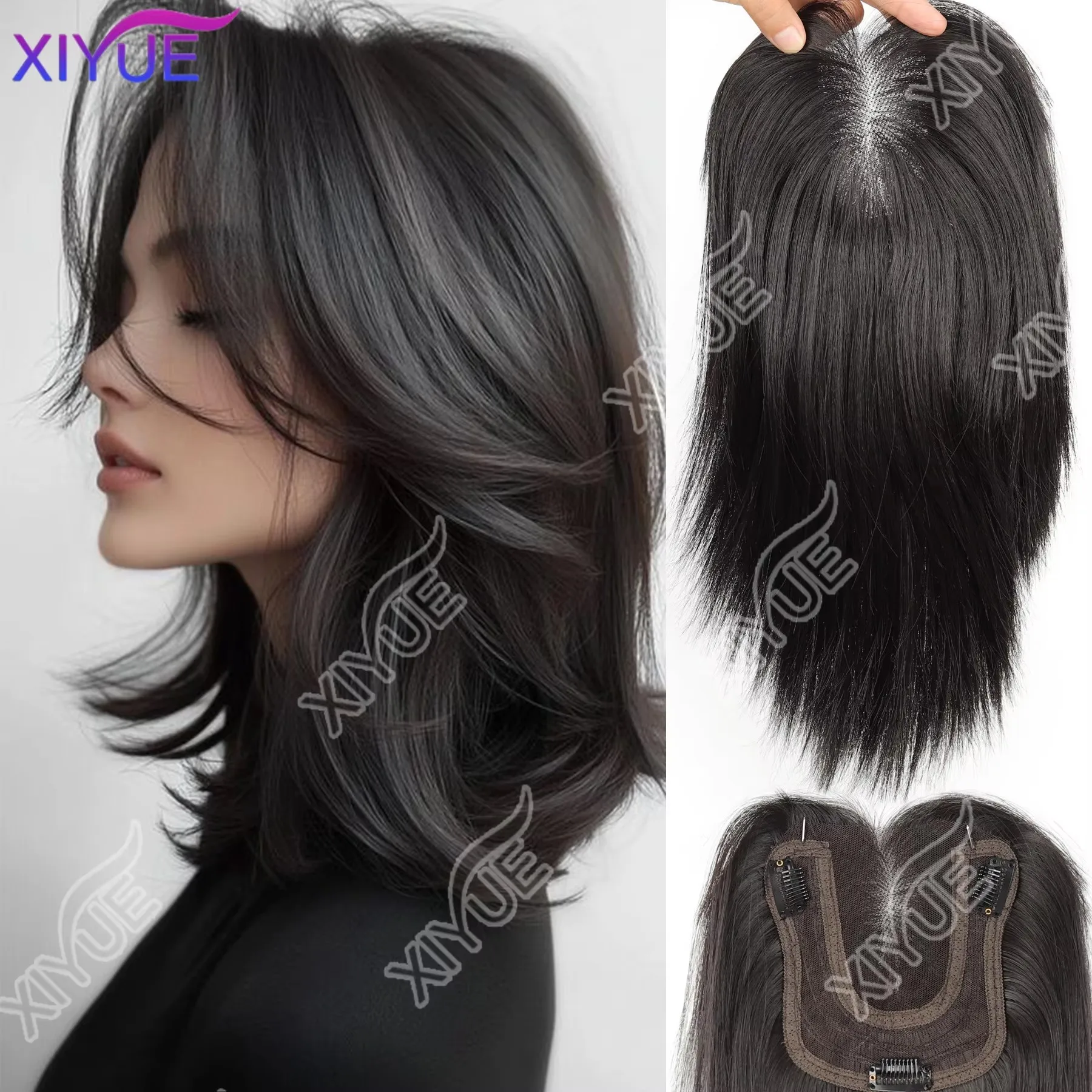 XIYUE Synthetic Long Straight Layered Hair Wig Clip in Hair Extensions Natural Fluffy Head Top Fake Hair Piece with