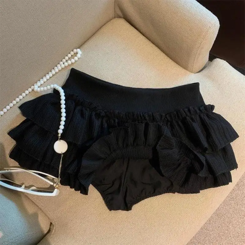 Style Sweet Puffy Cake Mini Skirt Women Ruched Ruffle Harajuku Skirt Elastic Waist Casual Versatile Solid Color Skirt