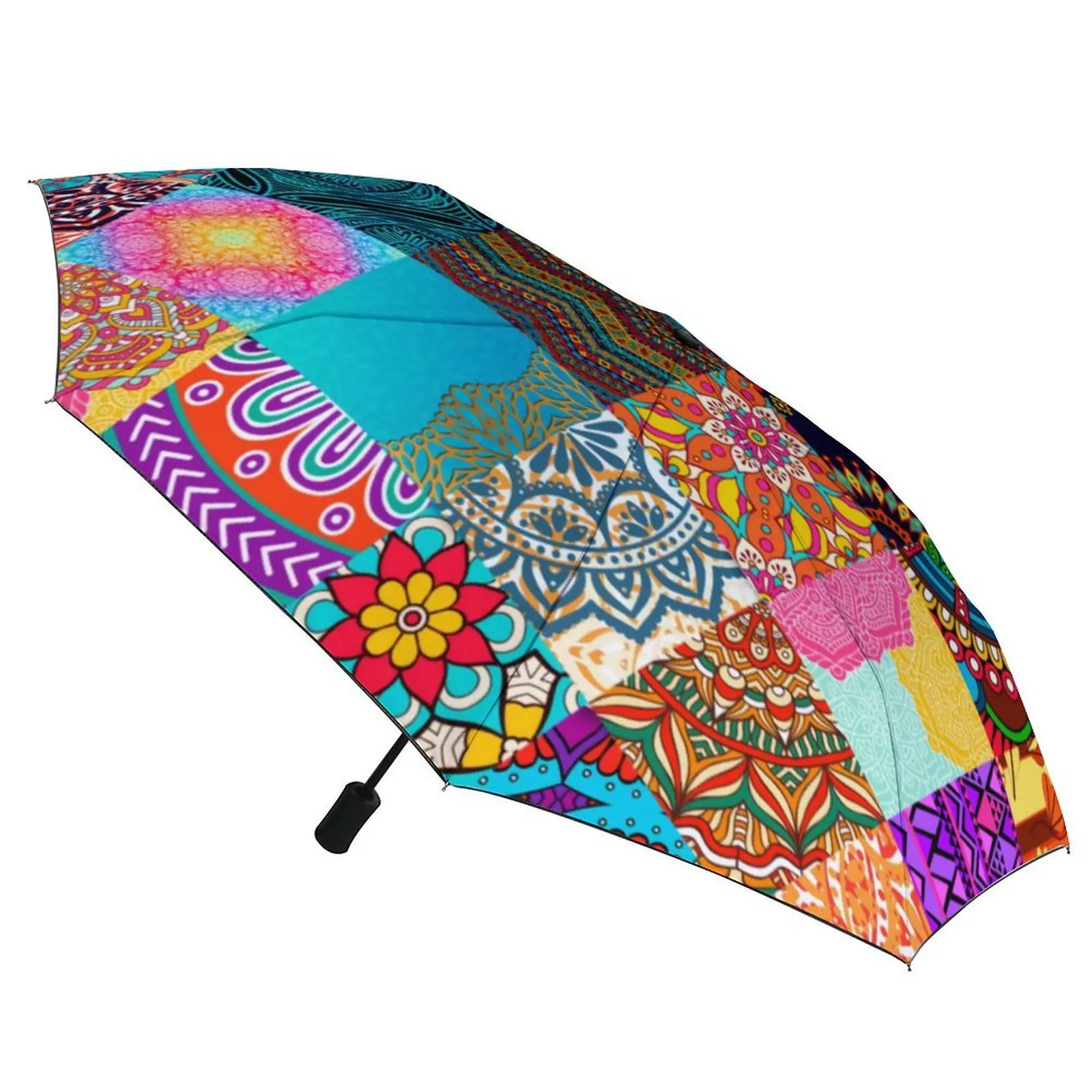 Parasol z afrykańskim nadrukiem Patchwork Kolorowy automatyczny parasol wiatroodporny Estetyczny design Kompaktowy parasol zewnętrzny