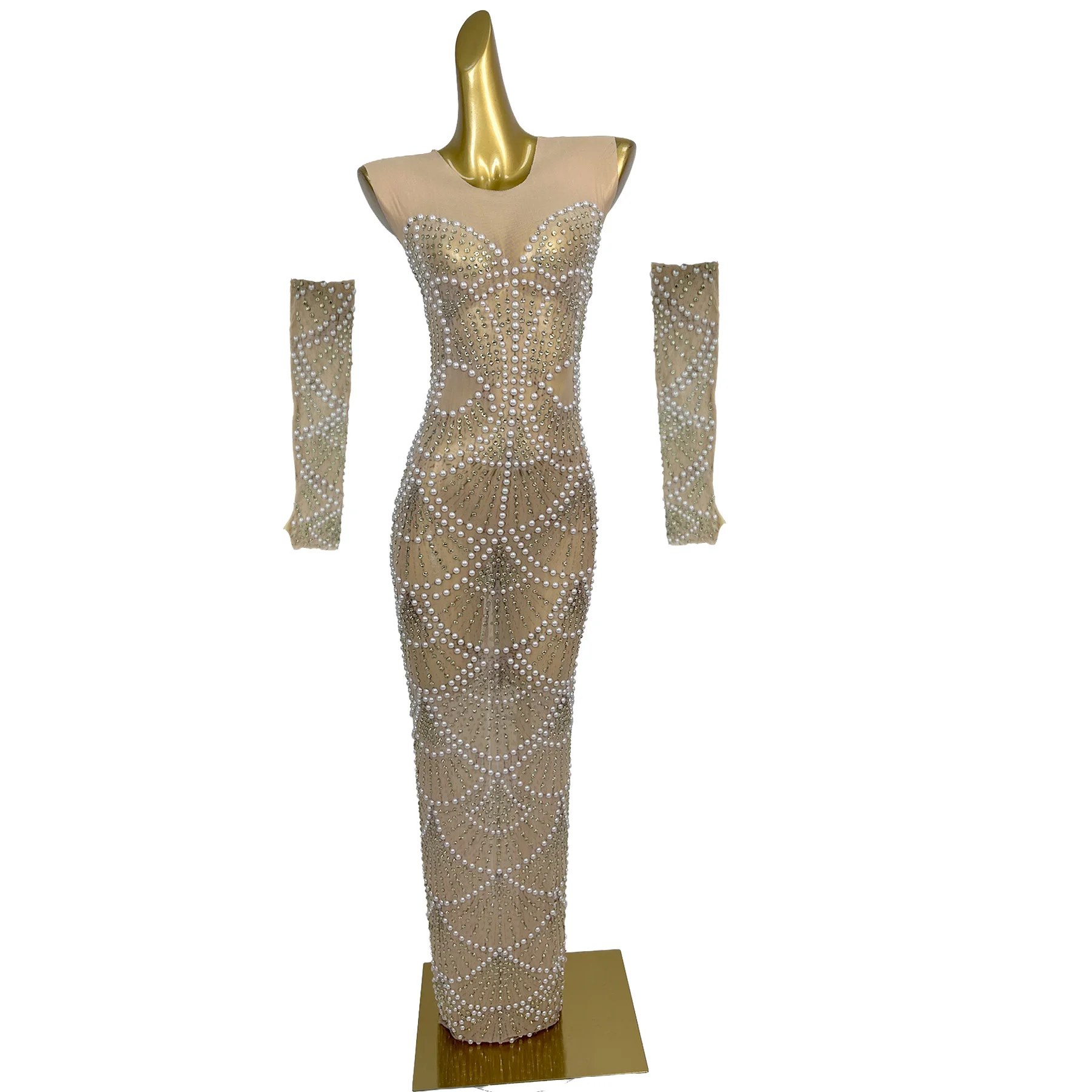 

Shanxingzhenzhu Shiny Pearl Beaded V Neck Cutout Mesh Mermaid Dress With Detachable Gloves For Women Formal Nightclub Prom Wear