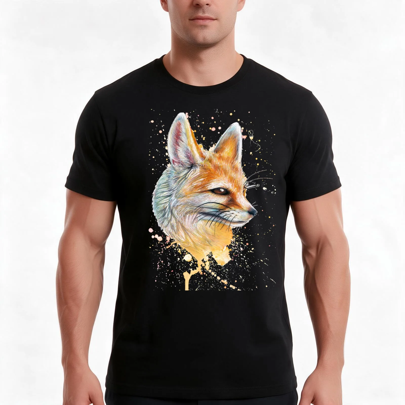 Splatter Paint Fennec Fox Illustration T-Shirt, Summer Casual Cotton Tee, Oversized Streetwear Tops, Vintage Graphic Print