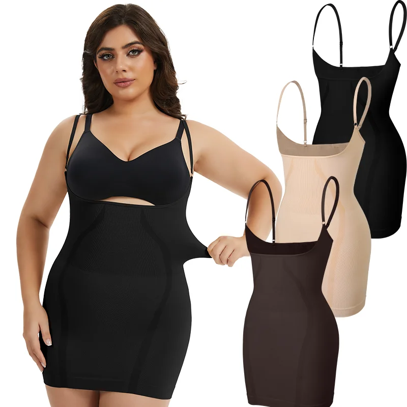 Plus Size Underbust Slip for Women Stripped Shapewear Dress Slimming Tummy Control Full Body Shaper Adjustable Strap Butt Lifter