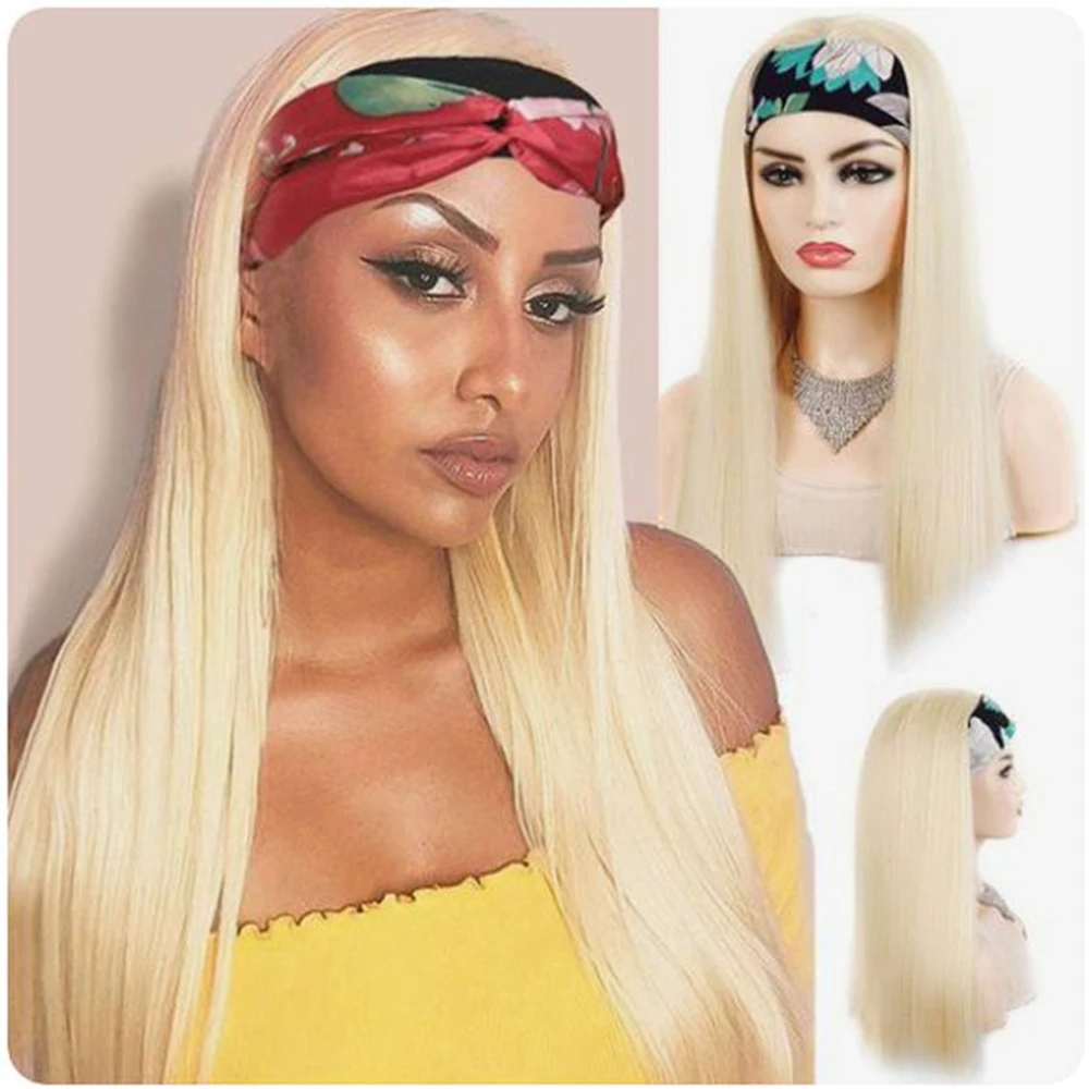 Peruca loira com bandana para mulheres, cabelo humano reto de osso, sem cola, cabelo remy, raiz escura, 12-30 in, 1B, #613, MogulHair