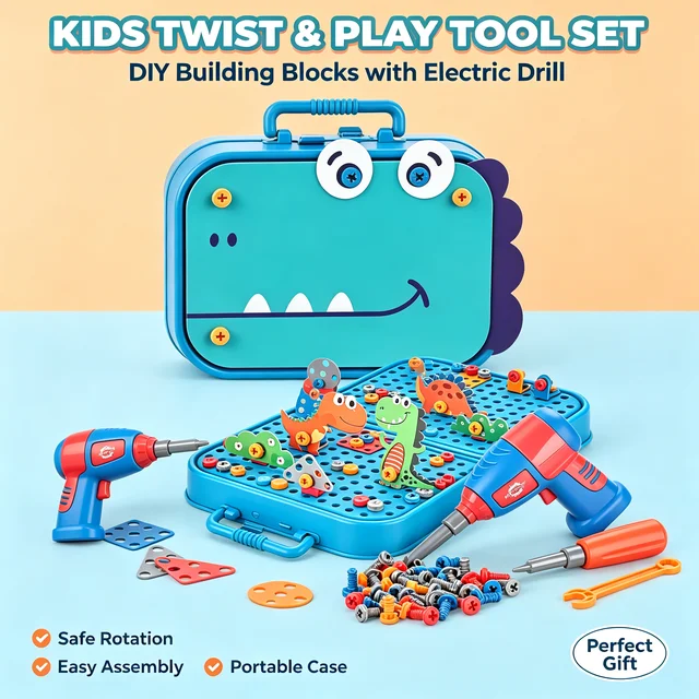 351Pieces Children Tool Set Electric Drill Screw Nut Puzzle Toys Pretend Play Dinosaur Drilling Assembly Educational Toy Boy 3