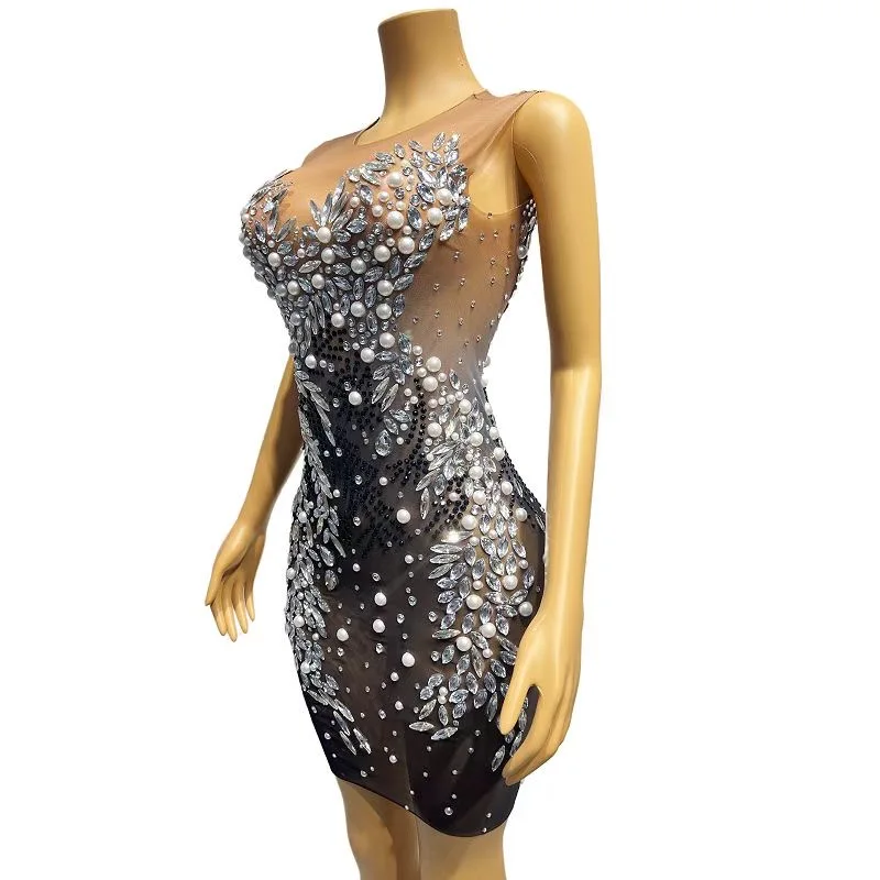 Glitzernde silberne Kristalle, Fingern, transparentes Kleid, Strass-Ketten, Outfit, Kostüm, Geburtstag, Feiern, sexy Bühne, C066