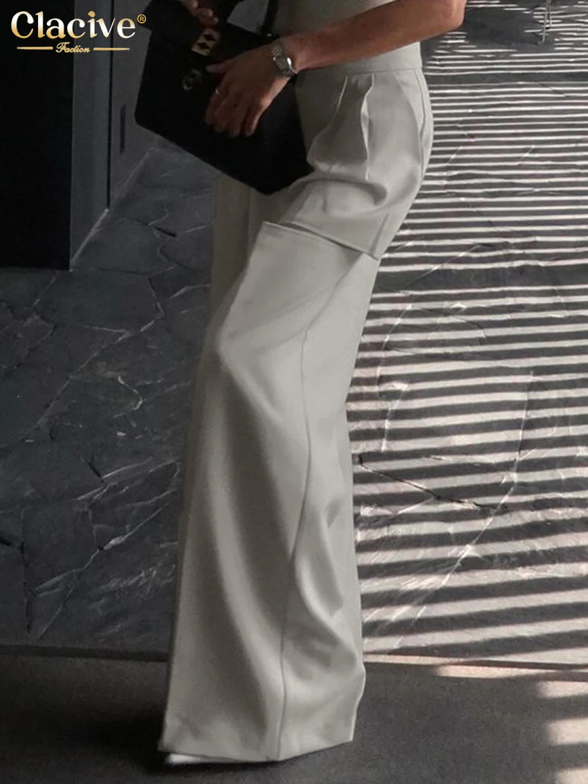 Clacive Fashion Loose Gray Women's Pants 2025 Casual High Waist Wide Leg Pants Elegant Hollow Out Full Length Trousers Female