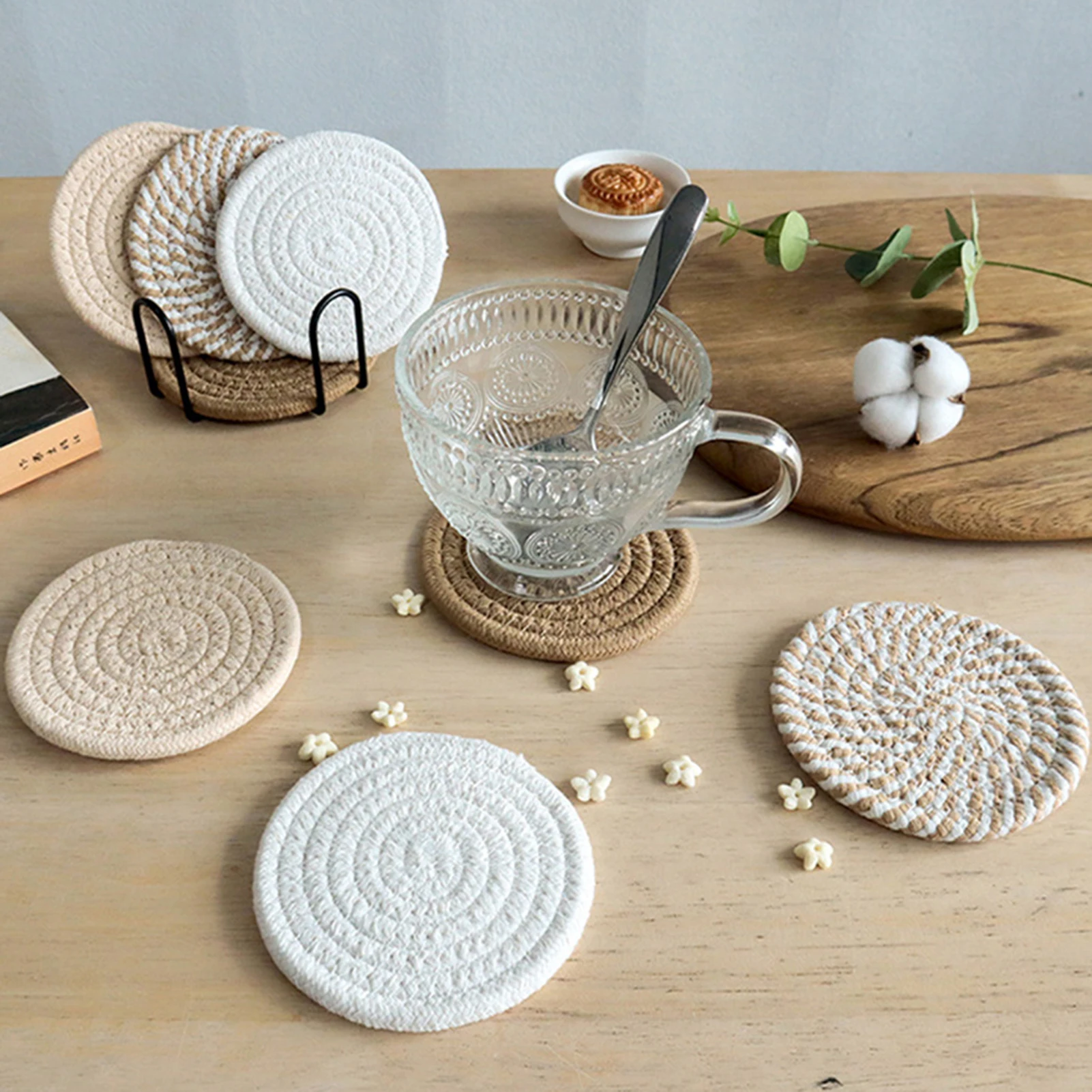 8pcs Cotton Woven Coaster Set With Holder Super Absorbent Non-Slip Cup Mats For Wooden Table For Restaurant Housewarming Present