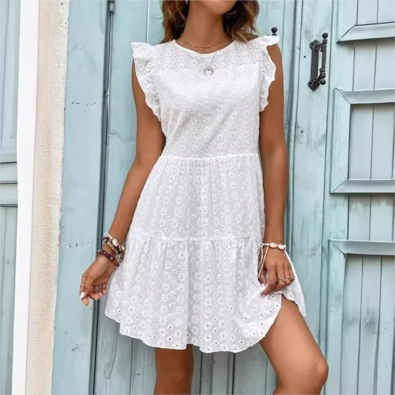 Solid Color Casual Women's Mini Dress With Round Neck Flying Sleeves Flower Embroidery Back Button Splicing Bohemian Dress New