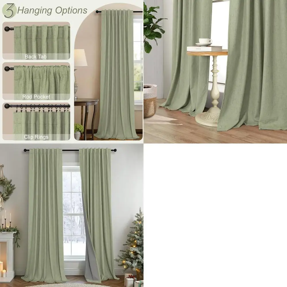 

96 Linen Boho Style Blackout Curtains, Sage Green, 2-Panel Set for Bedroom, Neutral Farmhouse Drapes with Thermal Insulation