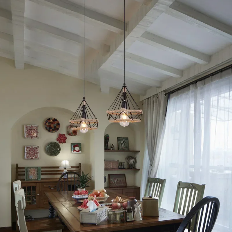 

Retro Industrial Wind Hemp Rope Pendant Lamp American Creative Personality Restaurant Coffee Shop Pendant Lamp