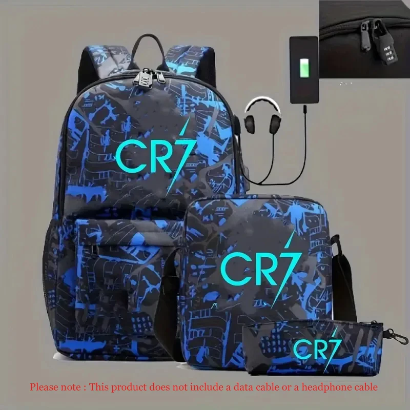 Luminous CR7 Nylon Mochilas, Mochilas Escolares para Laptop para Adolescentes, Homens e Mulheres, Viagem ao ar livre, 3PCs Capacidade