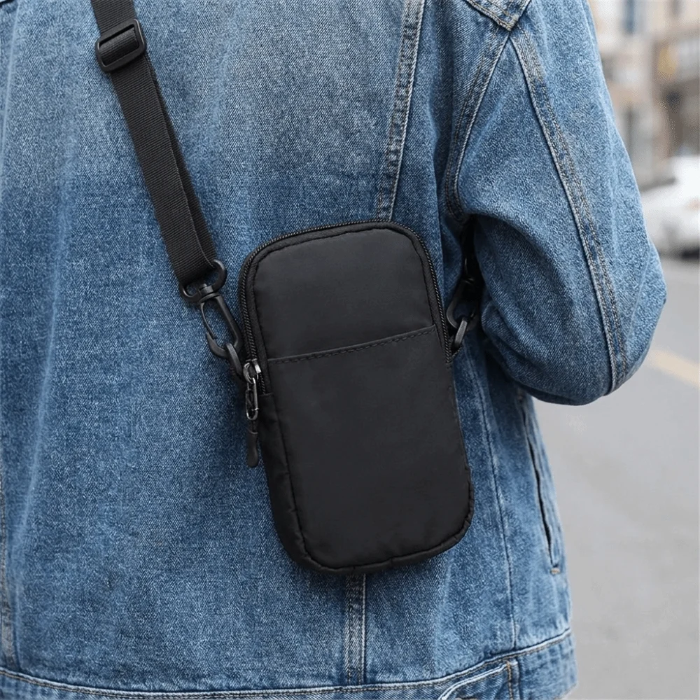 Multifunctional Phone Shoulder Bag Nylon Mini Waist Phone Bag Black with Adjustable shoulder straps Cell Phone Pouch
